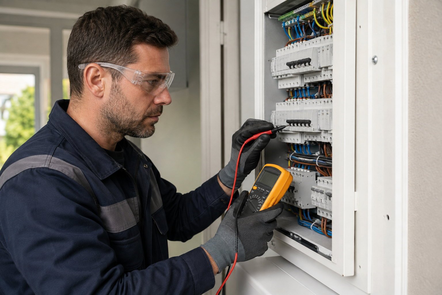 Electricista revisando un cuadro eléctrico